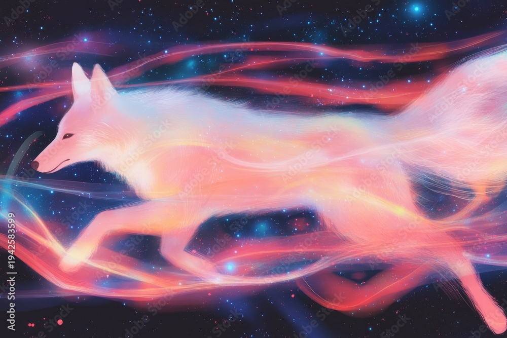 Fototapeta premium Ethereal cosmic fox in vibrant nebula space scene