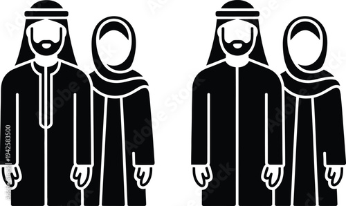 Illustration of people wearing traditional middle eastern clothing standing together in pairs.