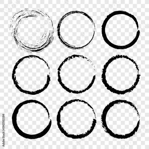 Brushstroke circles set. Grunginess Vector elements. Artistical inkframes borders. Handpainted charcoal splashinesses.