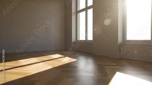 Modern empty room with light wood floor and sunny windows