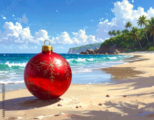 A large red Christmas ornament with snowflake detail sits on a sunny beach with the ocean, sky, and palm trees