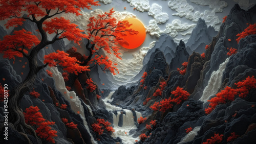 3D Relief Oriental Landscape with Red Trees and Sun