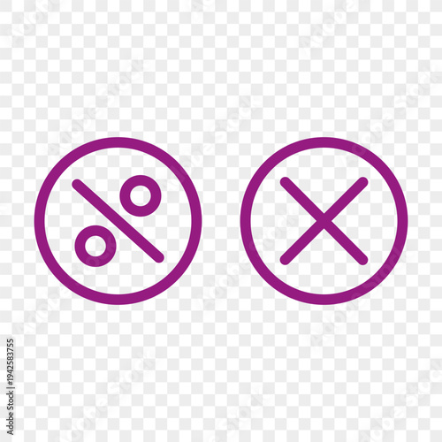 Professional purple icons. Discount circle symbols. Cancellation mark Vector. Professional transparent background.