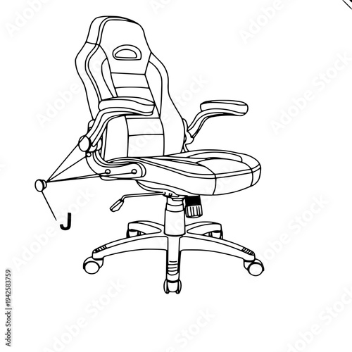 “Minimal monochrome outline drawing of an ergonomic gaming chair with padded backrest, side wings, armrests and swivel wheel base, simple clean line art, coloring page style.”