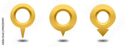 Set of three gradient gold metallic map pin icons in varying shapes