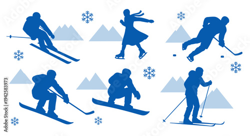 6 Skiing Silhouettes Vector isolated on White Background