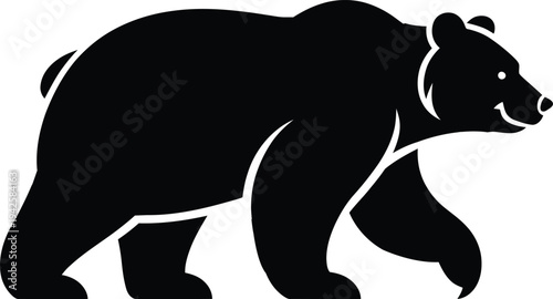 A black silhouette of a bear walking to the right on a white background.