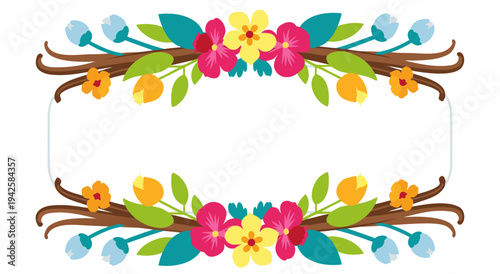 Vector illustration of a floral border with vanilla beans and colorful flowers, perfect for spring and summer designs
