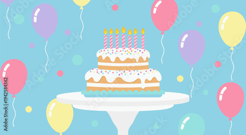 A Vector Illustration of a Birthday Cake with Candles and Balloons on a Pedestal, Perfect for Celebrations
