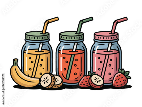 Three fruit smoothies in jars stand ready.