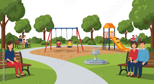 Park playground scene vector illustration with families enjoying outdoor activities and children playing on swings and slides in a beautiful green park setting