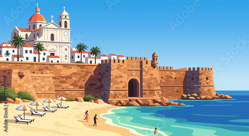 Vector illustration of a beautiful beach scene with a historic fortress and a church on a sunny day