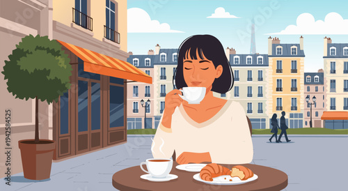 Charming Parisian cafe scene vector illustration of a woman enjoying coffee and croissant in the morning sunlight, EPS format