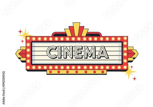 Retro Cinema Marquee Sign with Marquee Lights and Stars, Vintage Film Entertainment Advertisement
