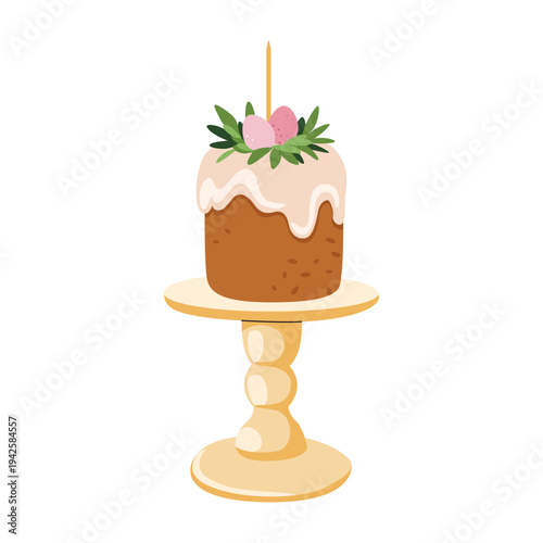 Traditional Easter cake on pedestal stand. Festive spring dessert decorated pink eggs, green leaves and candle.