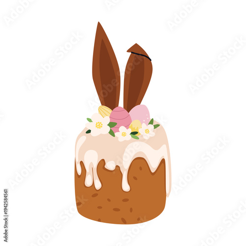 Easter cake with chocolate bunny ears. A traditional spring dessert decorated with floral elements and sweet eggs.