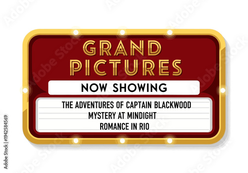 Grand Pictures Movie Theater Marquee Showing The Adventures of Captain Blackwood, Mystery at Midnight, and Romance in Rio