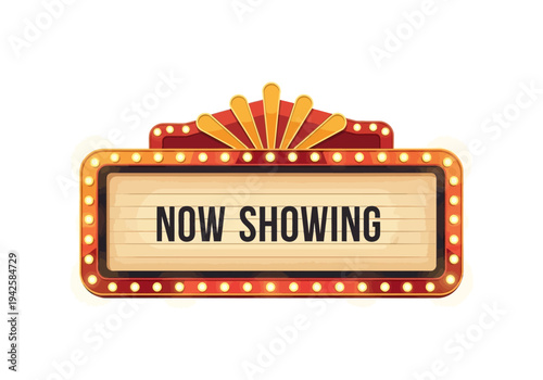 Retro cinema marquee sign with illuminated text that says 'NOW SHOWING' on a white background