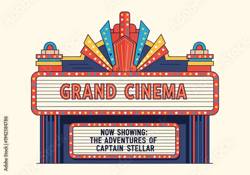 Grand Cinema Movie Theater Marquee with Showtimes
