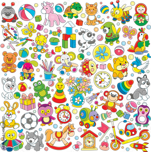 Colorful cute children’s toys and objects for little boys and girls, a set of vector cartoon illustrations on a white background