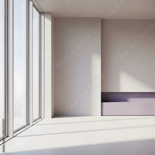 White room with large windows and bench in the middle room there.