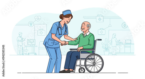 Caring female nurse assisting and shaking hands with an elderly man in a wheelchair in a hospital setting, providing supportive medical care.