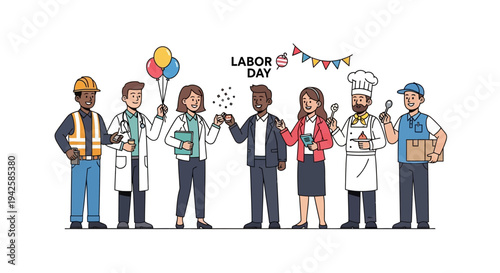 Diverse group of happy workers celebrating Labor Day with balloons and banners in a bright studio, representing unity and various professions.