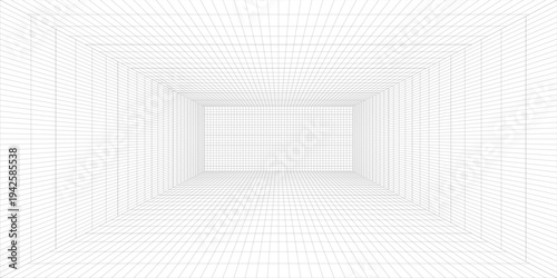 Empty futuristic digital box room white background with black grid space line color surface. Network cyber technology. banner, cover, terrain, sci-fi, wireframe, and related to background.