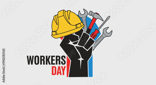 Empowered Raised Fist Holding Construction Tools Symbolizing Workers Day in Bright Studio