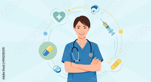Confident Female Doctor Standing with Crossed Arms in Bright Studio with Medical Icons