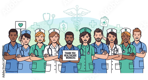 Diverse Healthcare Workers Holding "Thank You Healthcare Workers" Sign in Bright Studio