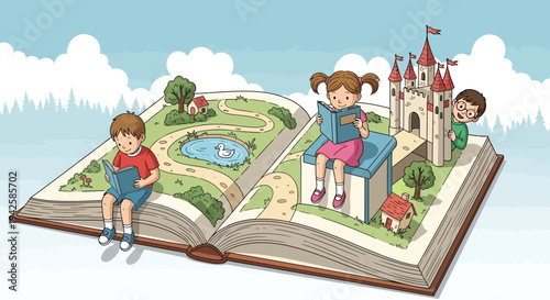 Happy Children Reading a Magical Storybook with an Imaginary World of Castles and Landscapes Emerging from its Pages