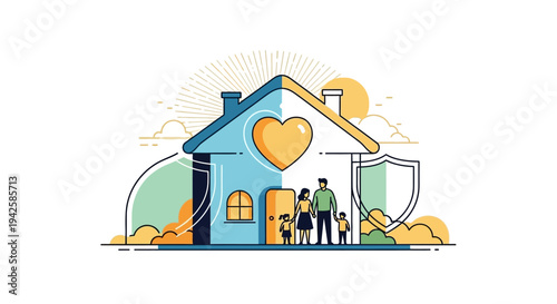 Happy Family Standing Outside a Protected House with a Heart and Shield Symbolizing Home and Property Security