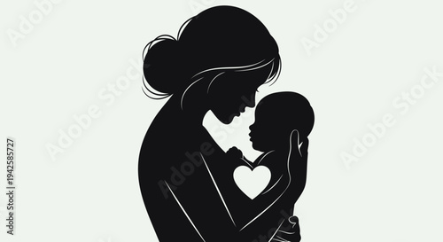 Silhouette of a Loving Mother Embracing Her Baby with a Heart Cutout Symbolizing Maternal Love on Isolated Light Background