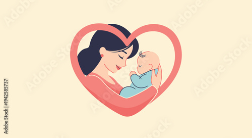 Tender Mother Cradling Her Newborn Baby with Love Inside a Pink Heart on a Warm Yellow Background