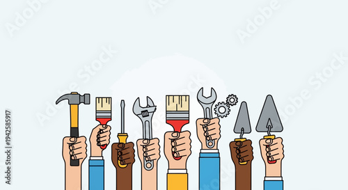 Diverse hands of different skin tones holding various construction and DIY tools, symbolizing teamwork and unity, on a light blue background.