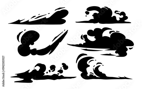 Set of six stylized black smoke or dust cloud graphic elements for animation and visual effects.