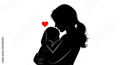 Silhouette of a loving mother gently holding her baby with a small heart symbol, isolated white background.