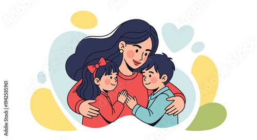Loving mother affectionately hugging her two happy children, a boy and a girl, on an abstract light background.