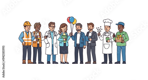 Diverse group of smiling professionals from various occupations standing together, isolated white background.