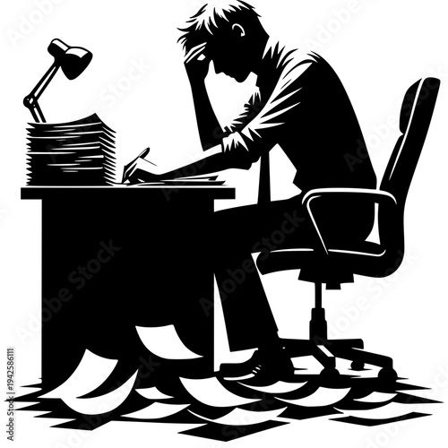 Drowning in Workload: A solitary figure, shadowed by stress, grapples with the weight of overwhelming tasks and deadlines.