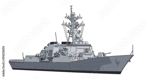 Modern Naval Destroyer Ship Illustration - Gray Scale
