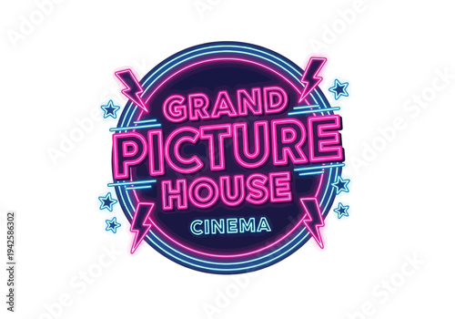 Grand Picture House Cinema Neon Sign Logo - Retro Entertainment Venue Emblem