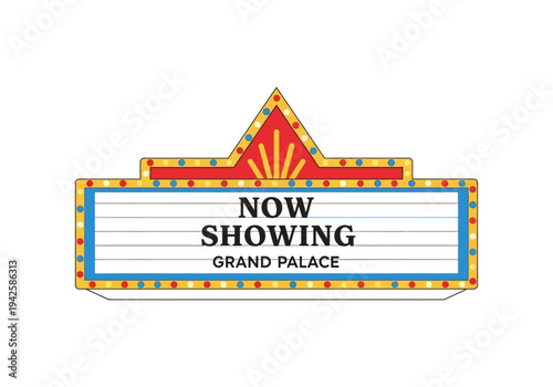 Retro cinema marquee sign with text 'NOW SHOWING GRAND PALACE' illuminated with bulbs and red velvet curtains