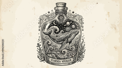 Surreal Whale in Bottle Line Art Illustration – Ocean Fantasy Tattoo Style