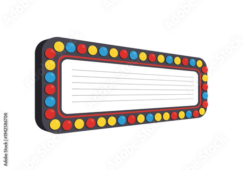 Retro illuminated movie theater marquee sign with blank space for custom text and colorful bulb border