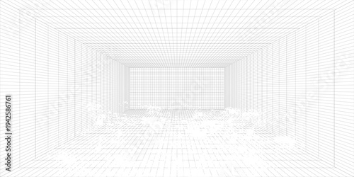 Empty futuristic digital box room white background with black grid space line color surface. Network cyber technology. banner, cover, terrain, sci-fi, wireframe, and related to background.