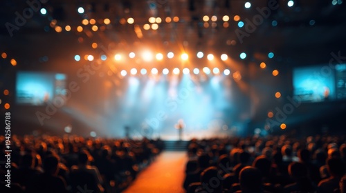 Blurred view of a stage with lights and crowd in an auditorium setting
