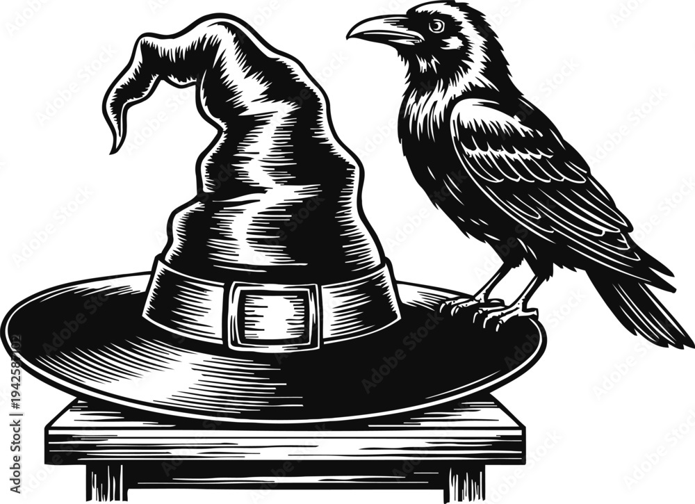 Fototapeta premium Witch hat with buckle and perched raven bird on wooden table halloween spooky illustration