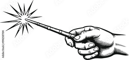 Hand holding a magic wand with sparkling starburst effect, black and white vintage illustration